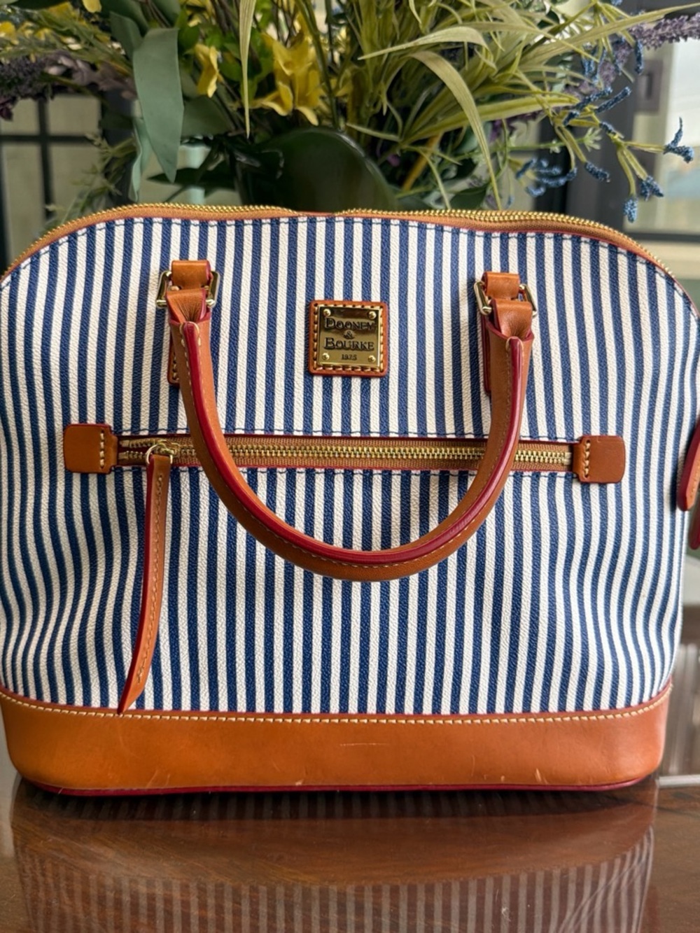 Dooney & Bourke Navy and Tan Striped Canvas Dome Satchel
